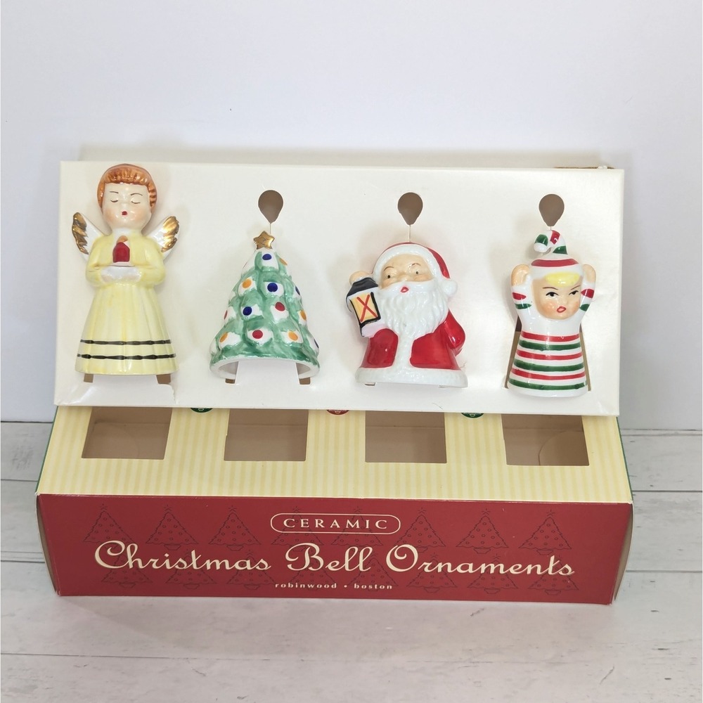 Robinwood Boston Ceramic Angel Santa Elf Tree Christmas Bell Ornament Set